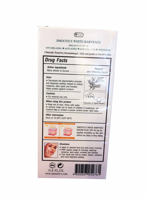 Smooth E White BabyFace Serum Plus SPF 44 UVA+UVB, PA+++ Anti-Melasma Sunscreen - Image 2