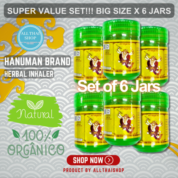 Traditional Thai Herbal Inhaler, Super Value Set!!! Big Size X 6 Jars by Hanuman Brand - Image 2